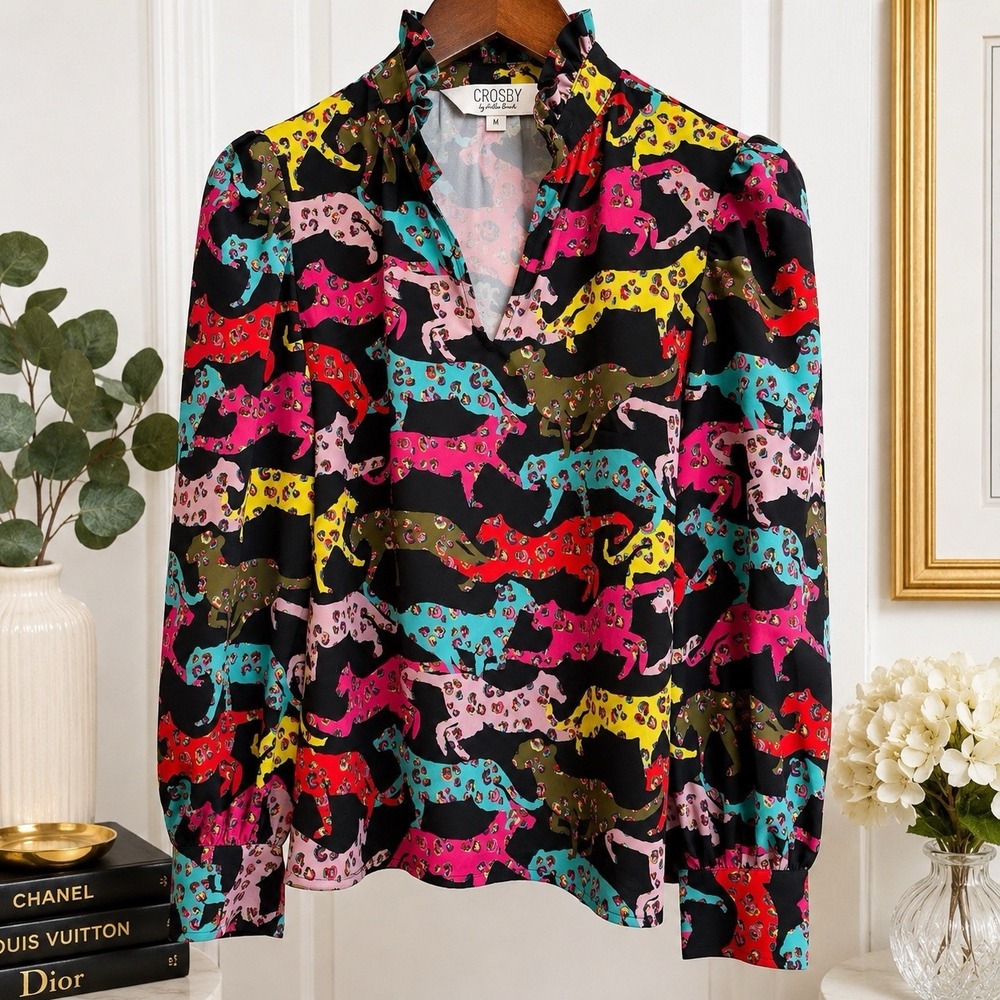 CROSBY by Mollie Burch Womens M Multicolor Leopard Cat Print Ruffle Blouse Top
